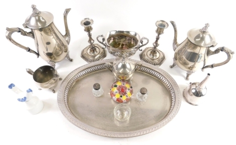 Various silver plated ware, tray, part tea service, to include teapot, 12cm high, etc. (a quantity)