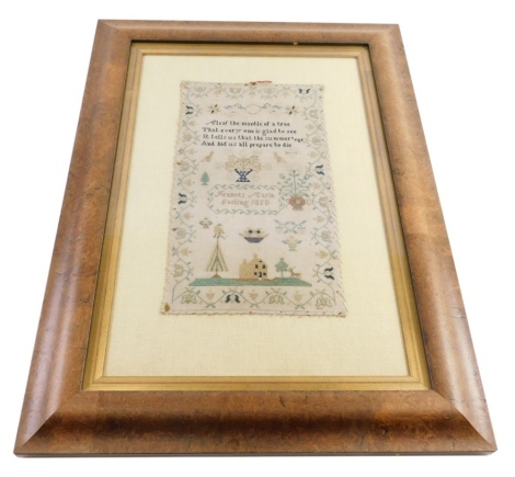 A Victorian pictorial and motto sampler, by Francis Maria Gosling 1850, with the verse The Leaf the Mantle of a Tree..., 35cm x 20cm, mounted, glazed and framed.