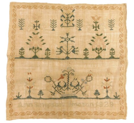 A George IV pictorial sampler, by Ann Simpson, Nocton, 1828, decorated with trees with an outer border, 35cm x 35cm.