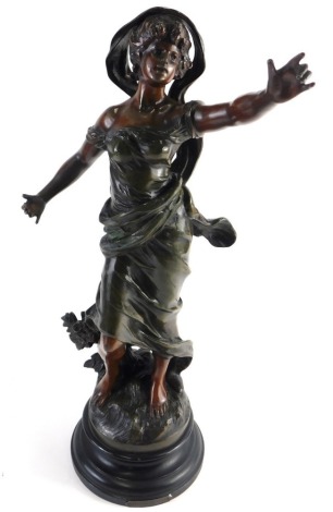 After Moreau. Chant Du Crepuscule, Figure of lady in flowing robes, brown bronze patinated spelter, on a socle, 52cm high.