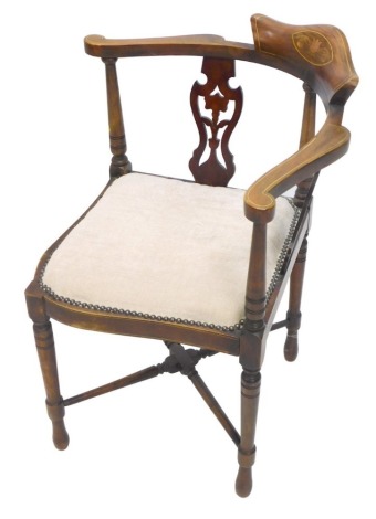 An Edwardian mahogany boxwood strung and marquetry corner chair, with pierced splats, turned legs and X stretcher.