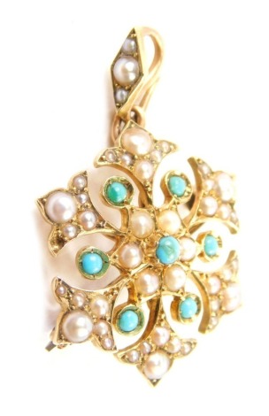 A 15ct pearl and turquoise pendant brooch, with plain pin back and hook top, in a floral arrangement, 3cm high, 3g all in.