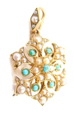 A 15ct pearl and turquoise pendant brooch, with plain pin back and hook top, in a floral arrangement, 3cm high, 3g all in.