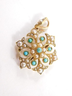 A 15ct pearl and turquoise pendant brooch, with plain pin back and hook top, in a floral arrangement, 3cm high, 3g all in. - 2