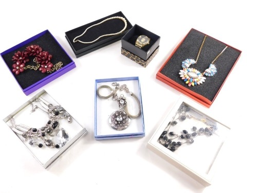 A group of modern costume jewellery, to include brands such as Debenhams, Opia, Saloos, mainly beaded necklaces, a skull crystal wristwatch, etc., some boxed. (a quantity)