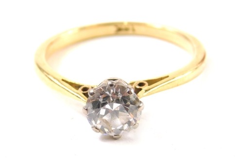 A solitaire diamond ring, claw set with single stone, on part pierced shank, approx. 0.8ct, marked 18k, size M, 2.7g all in. (boxed)