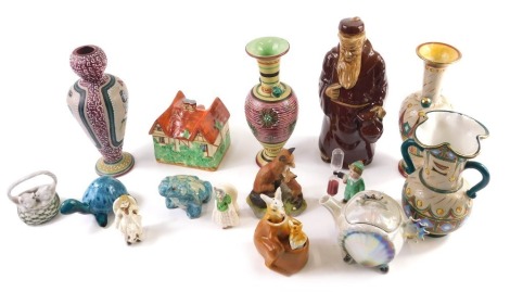 Various pottery and effects, Crown Devon cottage, 11cm high, vases, etc. (a quantity)