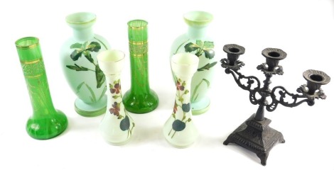 Various late 19thC and other glassware, a pair of green glass vases decorated with flowers, 29cm high, green glass gilt highlighted vases, metal three branch candelabrum, etc. (a quantity)