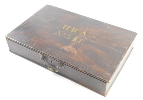 A 19thC stained pine deed box, with gilt lettering HRA No.341, with exterior handle, 10cm high, 51cm wide, 35cm deep.