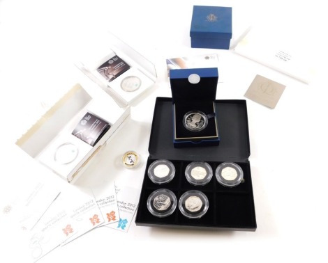 British coins London 2012 Sports Collection, part fifty pence proof set, Queens Diamond Jubilee five pound silver proof, London 2012 silver proof, etc., various paperwork and outer packaging.