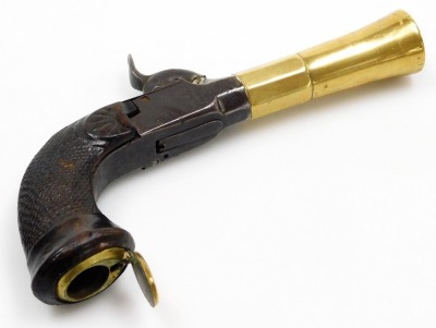 A 19thC travelling pistol, with percussion box lock, brass bell mouth, and brass patch pocket with hinged lid, with hidden trigger, unmarked, 18cm long. (AF) - 6