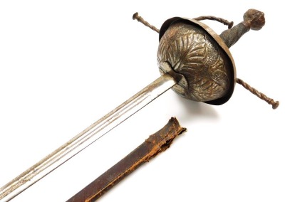 A 17thC rapier, possibly Spanish, with leaf decorated cup hilt and long slender blade, partial leather scabbard (AF), 110cm long. - 5