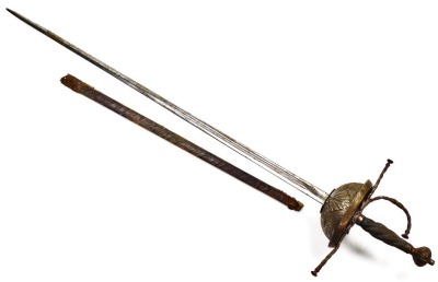 A 17thC rapier, possibly Spanish, with leaf decorated cup hilt and long slender blade, partial leather scabbard (AF), 110cm long. - 8