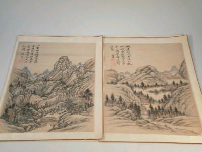 A pair of 19thC Chinese watercolours of mountainous scenes with houses and rivers