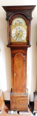 A George II oak longcase clock, by Thomas Smallwood of Sandbach, the break arch pediment with moon phase dial, brass face with silvered dial bearing Roman numerals, subsidiary seconds and date dial, eight day movement with bell strike, the square case rai - 2