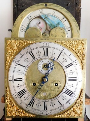 A George II oak longcase clock, by Thomas Smallwood of Sandbach, the break arch pediment with moon phase dial, brass face with silvered dial bearing Roman numerals, subsidiary seconds and date dial, eight day movement with bell strike, the square case rai - 3