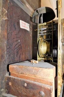 A George II oak longcase clock, by Thomas Smallwood of Sandbach, the break arch pediment with moon phase dial, brass face with silvered dial bearing Roman numerals, subsidiary seconds and date dial, eight day movement with bell strike, the square case rai - 4