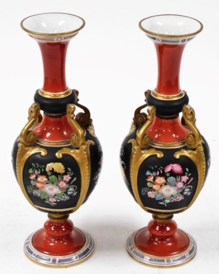 A pair of 19thC Ashworth ironstone vases, each with a tapering flared rim and bulbous body, with four scroll supports connecting body to neck, on circular base, the body decorated with floral sprays against a black ground, with red and black coloured band - 3