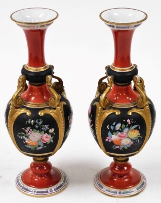 A pair of 19thC Ashworth ironstone vases, each with a tapering flared rim and bulbous body, with four scroll supports connecting body to neck, on circular base, the body decorated with floral sprays against a black ground, with red and black coloured band - 4