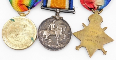 A World War I medal trio, comprising 1914-15 star, Great War and Victory medals, named to CPL. G.S. Pointer, Norfolk Yeomanry, together with a ribbon bar, a Royal Life Saving Society medallion awarded to M.E. Pointer, July 1944, boxed, contained in a leat - 3