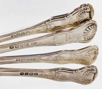 A set of four silver King's pattern side forks, London 1820, and four similar examples, hallmarks for London 1825, London 1789, and a further example with rubbed hallmarks, 15.90oz. - 2