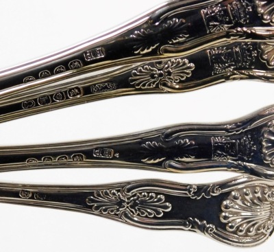 A set of four silver King's pattern side forks, London 1820, and four similar examples, hallmarks for London 1825, London 1789, and a further example with rubbed hallmarks, 15.90oz. - 3