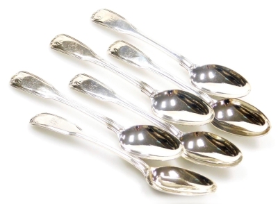 A set of six George III silver fiddle pattern teaspoons, with engraved initials and shell decoration to handle, William Eley and William Fearn, London 1807, 5.21oz.