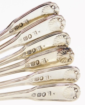 A set of six George III silver fiddle pattern teaspoons, with engraved initials and shell decoration to handle, William Eley and William Fearn, London 1807, 5.21oz. - 2