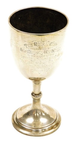 A George V silver trophy, with presentation inscription 'The Royal Cup presented by His Majesty The King to the Winner of the North Road Championship Club Lerwick Race 1912, Messers Hustwait Bros and Gent Wellingborough, Velocity 469 Yards,' London 1911, 