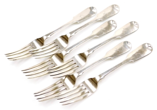 A set of six Victorian silver Fiddle pattern table forks, each with engraved initial to handle, Elizabeth Eaton, London 1845, 14¼oz.