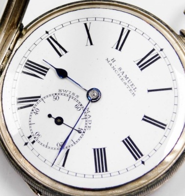 A H Samuel of Manchester gentleman's pocket watch, open face, key wind, circular enamel dial bearing Roman numerals, subsidiary seconds dial, 800 silver case, with engine turned decoration, a vacant shield and four reserve, with key, on a silver Albert ch - 2