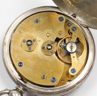 A H Samuel of Manchester gentleman's pocket watch, open face, key wind, circular enamel dial bearing Roman numerals, subsidiary seconds dial, 800 silver case, with engine turned decoration, a vacant shield and four reserve, with key, on a silver Albert ch - 3