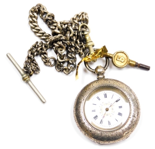 A lady's silver cased pocket watch, open face, key wind, engraved Ellis Exeter, enamel dial bearing Roman numerals, the case floral and foliate engraved, vacant shield reserve, with key, on a silver curb link Albert chain, with T bar as fitted.