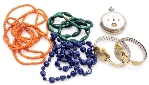 A Henri Chatelain mechanical pedometer, circa 1900, enamel dial bearing Arabic numerals to 1760 yards, secondary miles dials, together with a Zentra ladies gold plated wristwatch, Everite gold plated wristwatch, a coral three strand necklace, string of gr