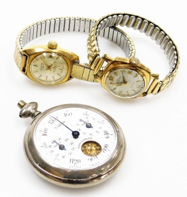 A Henri Chatelain mechanical pedometer, circa 1900, enamel dial bearing Arabic numerals to 1760 yards, secondary miles dials, together with a Zentra ladies gold plated wristwatch, Everite gold plated wristwatch, a coral three strand necklace, string of gr - 2