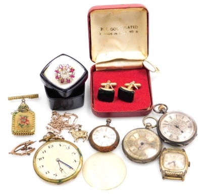 Silver and costume jewellery, and pocket watches, including a Victorian wishbone brooch, silver pocket watch with Swiss movement for J & C Schwerer, pair of gentleman's cufflinks, and an Art Deco pocket watch on chain. (a quantity)