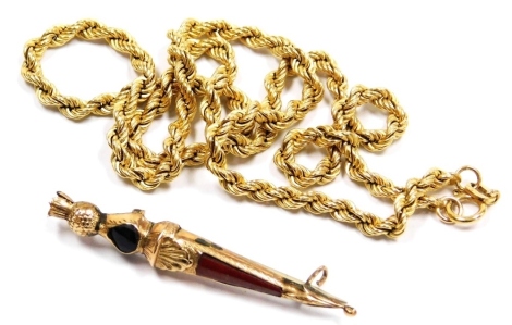 A 9ct gold rope twist link neck chain, on a bolt ring clasp, and a Scottish 9ct rose gold and agate set dirk brooch, 1.6g. (2)