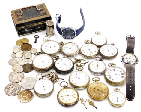 19thC and later silver cased pocket watches, pedometers and wristwatches, together with silver and other coinage, including Queen Victoria crowns 1887 and 1890.