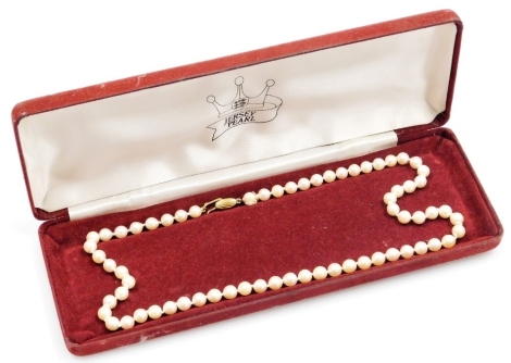 A string of graduated Jersey pearls, on a 9ct gold clasp, cased.