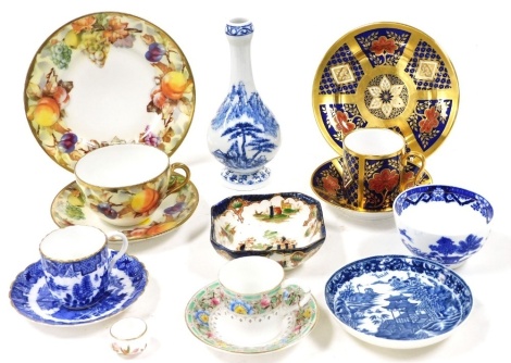 A group of late 18thC and later porcelain, including a Caughley Salopian blue and white saucer, Royal Worcester fluted demitasse coffee cup and saucer, a Caverswall Imari porcelain coffee can, saucer and plate, and a Japanese blue and white bottle vase. (