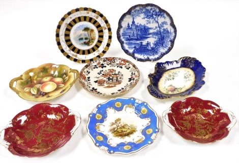 A group of 19thC and later dessert plates and dishes, including a Bodley fluted plate painted with a landscape, pair of Coalport graduated twin handled dishes, and a Hammersley oval dish painted with meadow flowers. (a quantity)