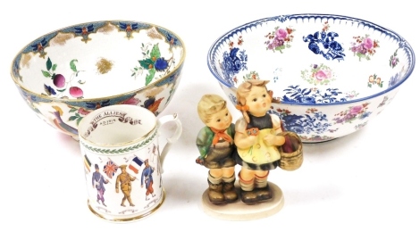 A Booths pottery The Allies AD 1914 mug, showing the soldiers and flags of the Allied Nations of World War I, together with a Booths Pine Cone pattern bowl, further bowl, and a Hummel figure group of To Market. (4)