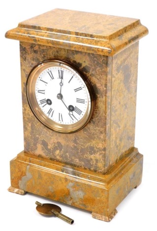 A late 19thC Sienna style marble cased mantel clock, circular enamel dial bearing Roman numerals, eight day movement with bell strike, stamped HP & Company no. 3085, 383, the case of solid architectural form, with pendulum and key, 27.5cm high, 17cm wide.