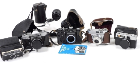 A Praktica MTL3 camera, Kodak Retinette 1a camera, and a Zenit M camera, together with further camera lenses, etc., most cased. (a quantity)