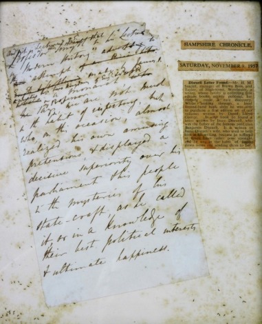 A letter from Mr Isaac Disraeli, to his wife, framed and glazed, together with a newspaper exert from the Hampshire Chronicle 1957, recording the finding of the letter. Isaac Disraeli, was the father of the famous politician Benjamin Disraeli, Earl Of Be