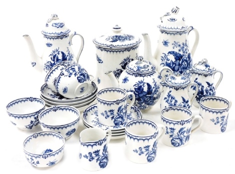 A 19thC Booths blue and white pottery part tea and coffee service, decorated in the Pine Cone pattern, comprising a pair of graduated coffee pots and covers, teapot and cover, two covered cream jugs, pair of sugar bowls, biscuit barrel, small cream jug, t