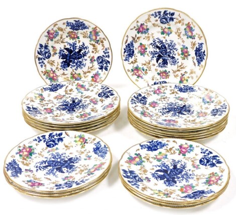 A late 19thC Booths pottery part dinner service, decorated in the Old Salopian style, blue and white and polychrome printed with fruit, verso printed mark and manufactured for Tiffany & Company, New York, comprising twelve dinner plates and seven dessert 