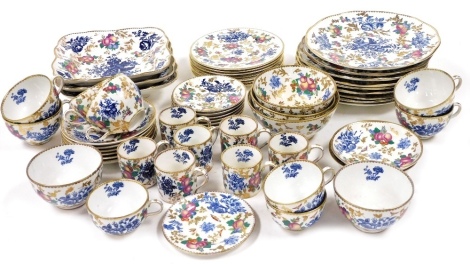 A 19thC Booths pottery part dinner, tea and coffee service, decorated in the blue Pine Cone pattern and polychrome decorated with fruit, printed marks, including dessert plates and dishes, teacups and saucers, and demitasse coffee cans and saucers. (a qua