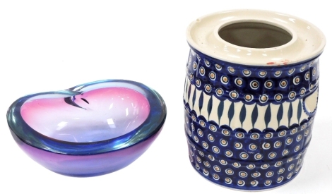 A mid century Murano amethyst and blue glass bowl, 26cm wide, together with a Boleslawiec Polish Peacock pattern storage jar, 23cm high. (2)