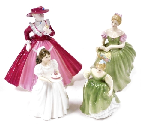 Three Royal Doulton figures, comprising Clarissa HN2345, Birthday Girl HN3423, and Fair Maiden HN2211, together with a Coalport Ladies of Fashion figure, modelled as Sunday Best. (4) (AF)